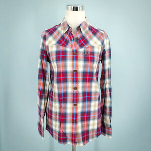 State of Elevenate Size Small S Red Blue Plaid Print Cham Button Long Sleeve Top